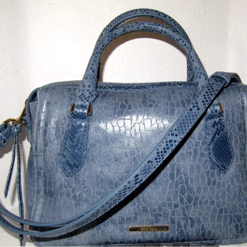 Brahmin Micaela Blue Snake Textured Genuine Leather Satchel